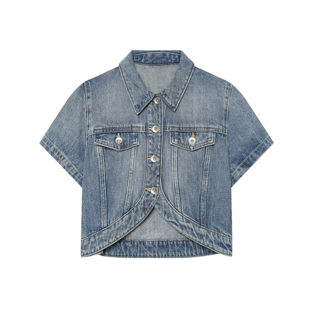 Women's short Lapel asymmetrical denim shirt