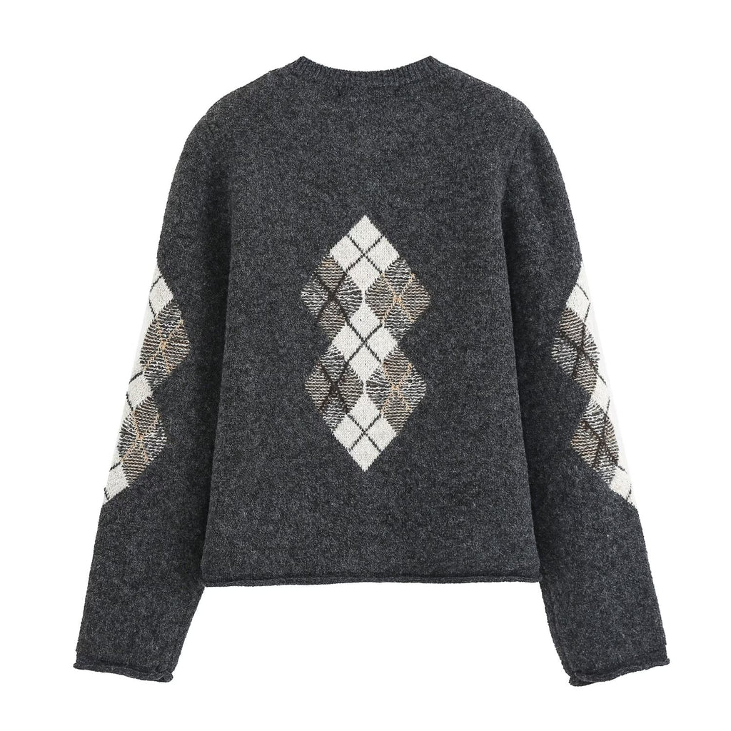 Women's O-Neck diamond patterned knitted Coat