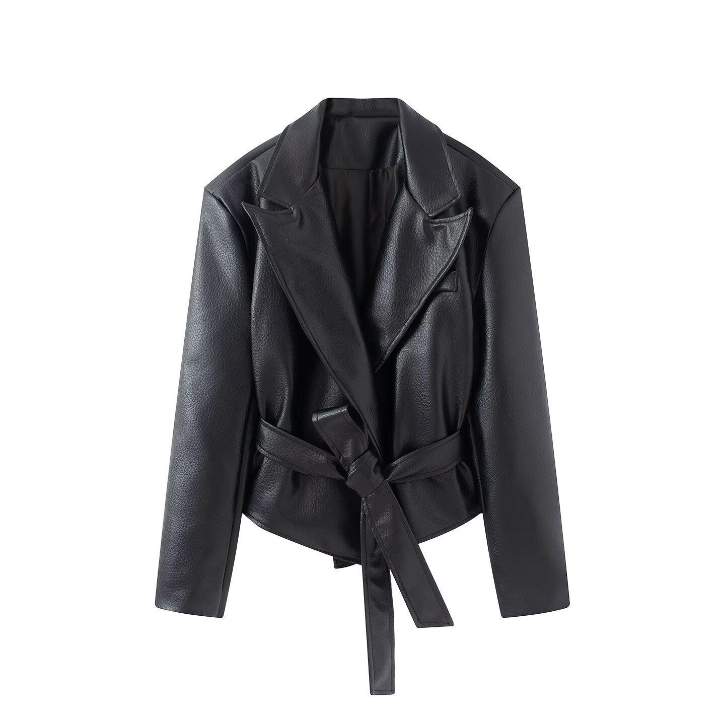 Women's With Belt Lapel faux leather Coat