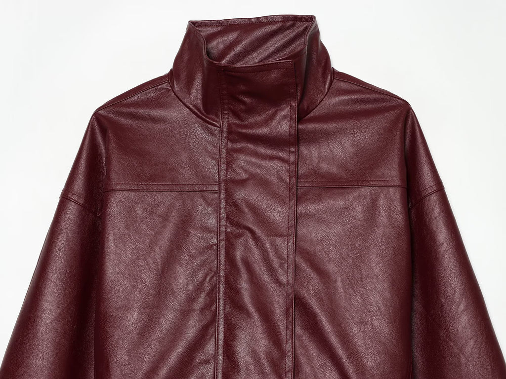 Women's with belt standing collar faux leather Coat