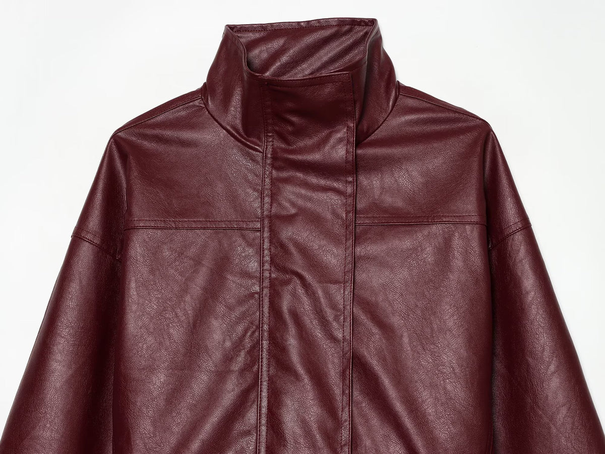 Women's with belt standing collar faux leather Coat