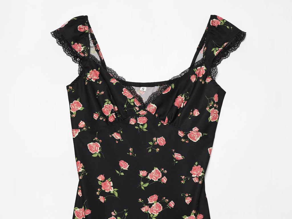 Women's lace decorated V-neck printed dress