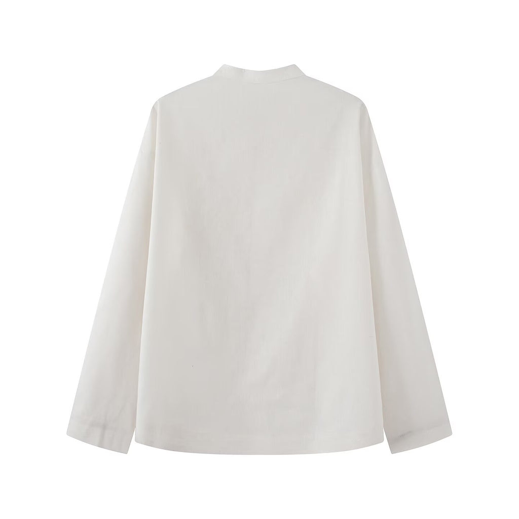 Women's rope knot buckle loose linen blended shirt
