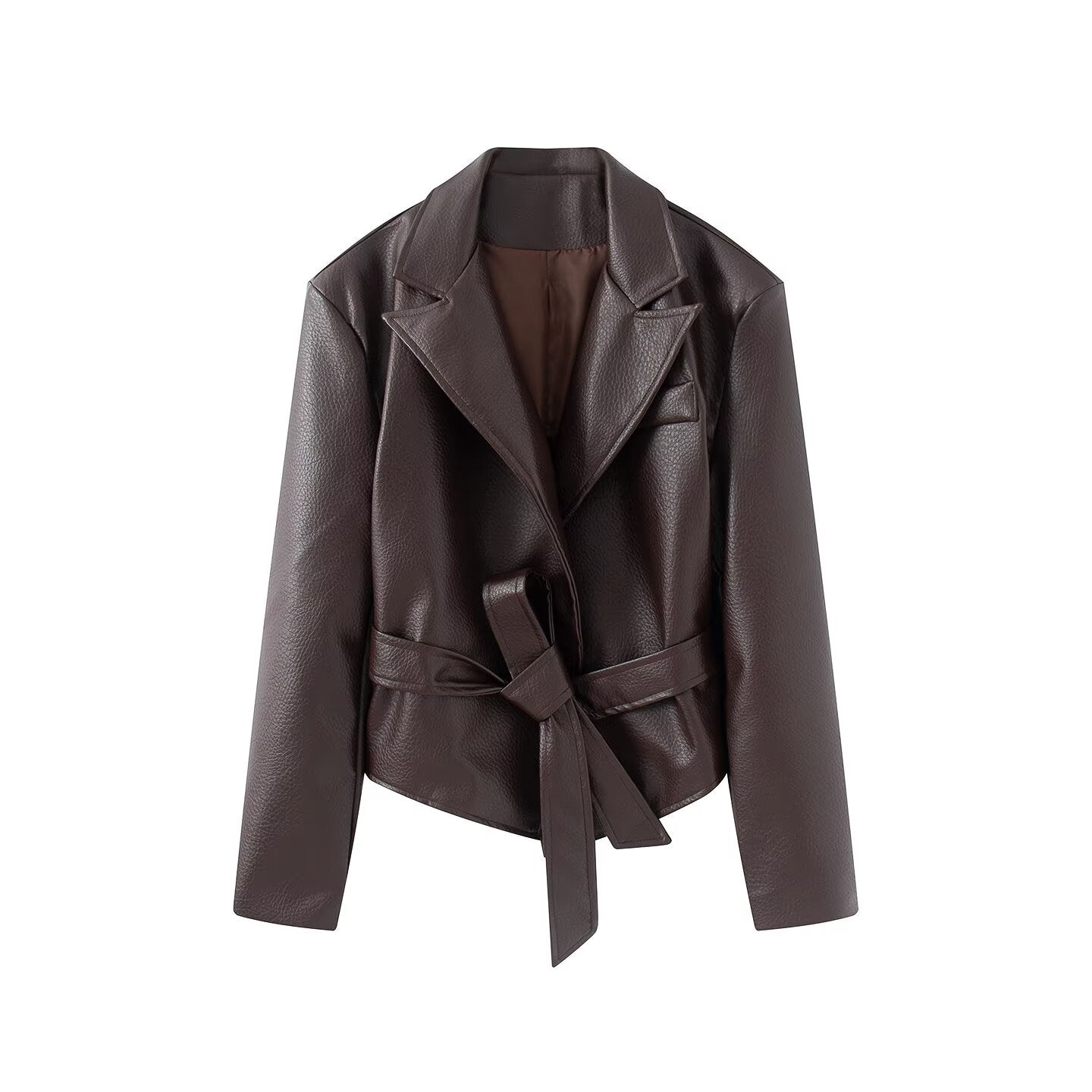 Women's With Belt Lapel faux leather Coat