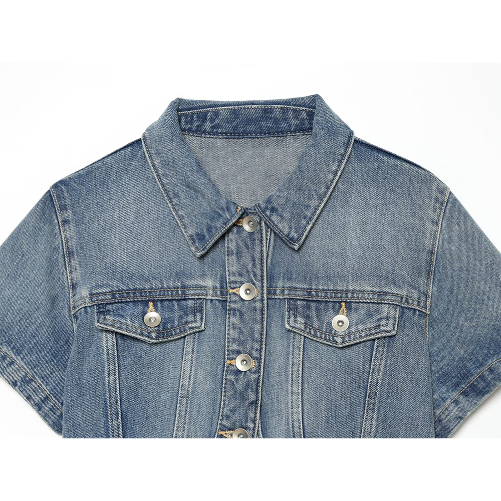 Women's short Lapel asymmetrical denim shirt