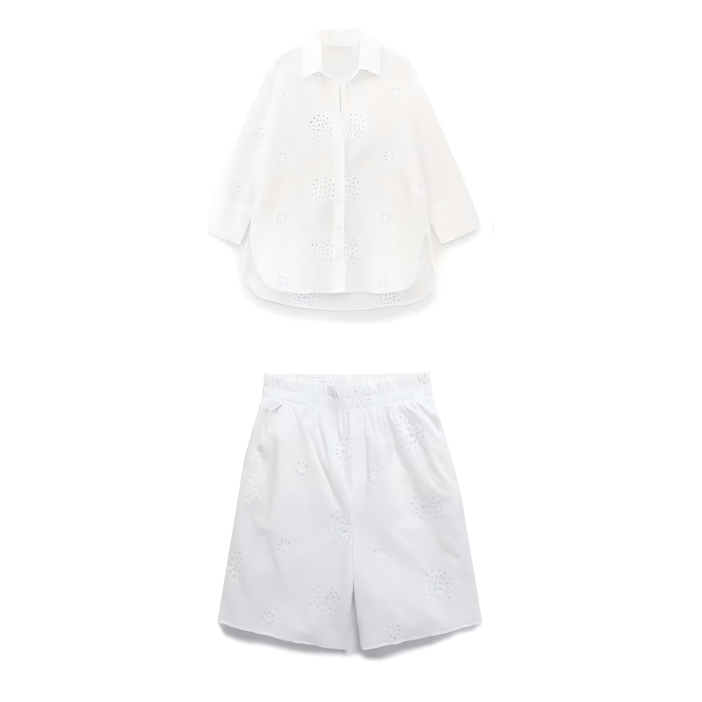 suit Women's 2 pieces loose hollow embroidered shirt+Shorts