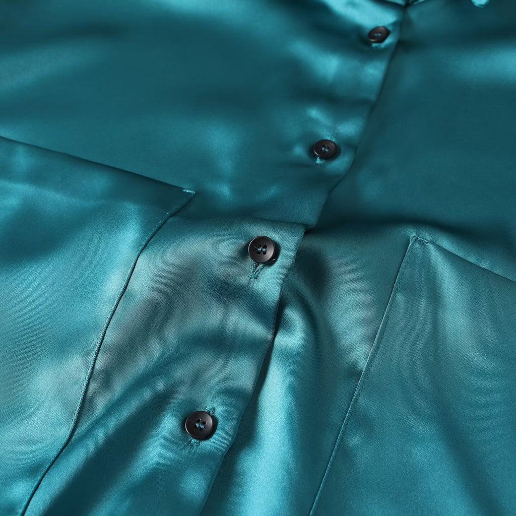 suit Women's 2 pieces loose satin textured shirt+A-line skirt