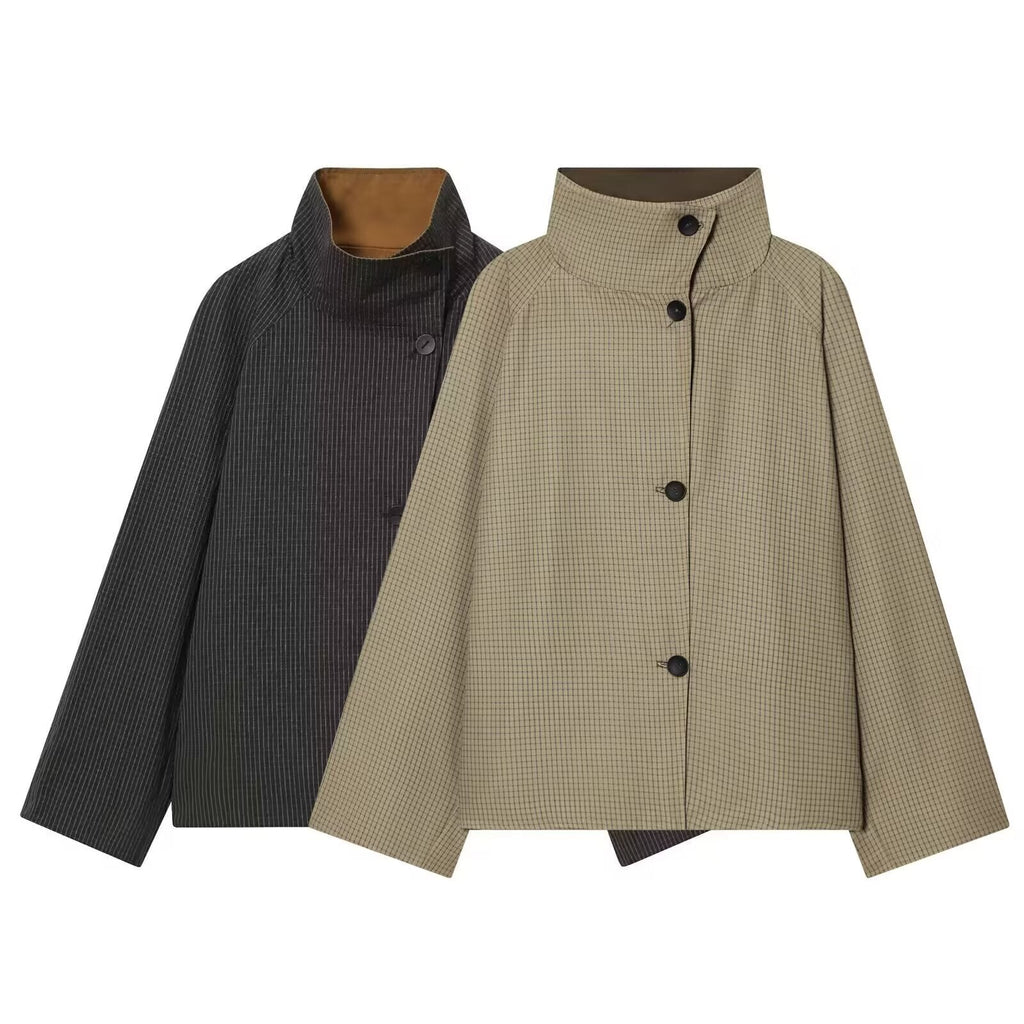 Women's short double-sided wear plaid windbreaker Coat