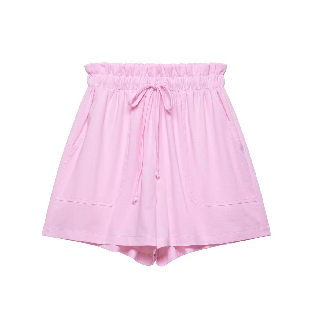 suit Women's 2 pieces pocket decoration linen blend shirt+shorts