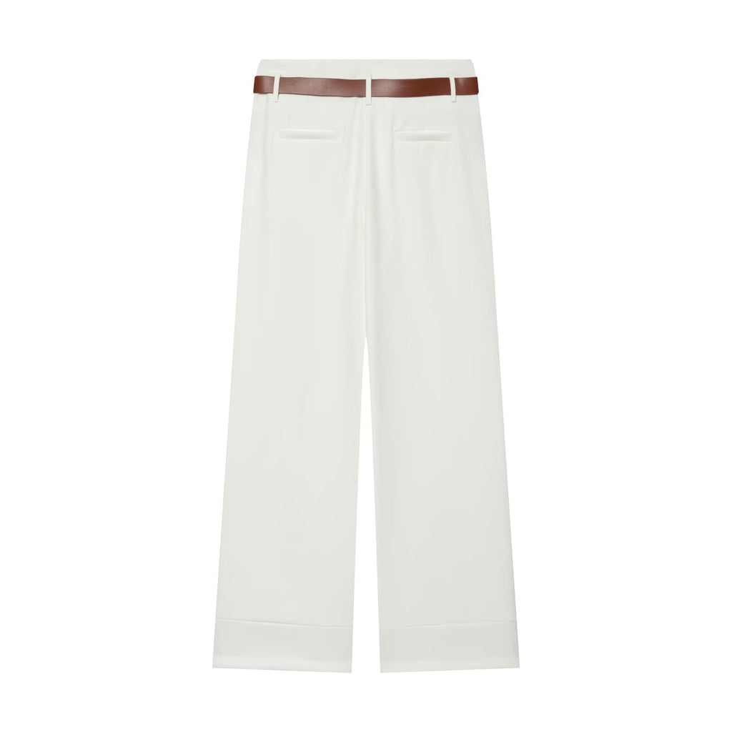 Women's With Belt high waisted straight leg rolled edge pants