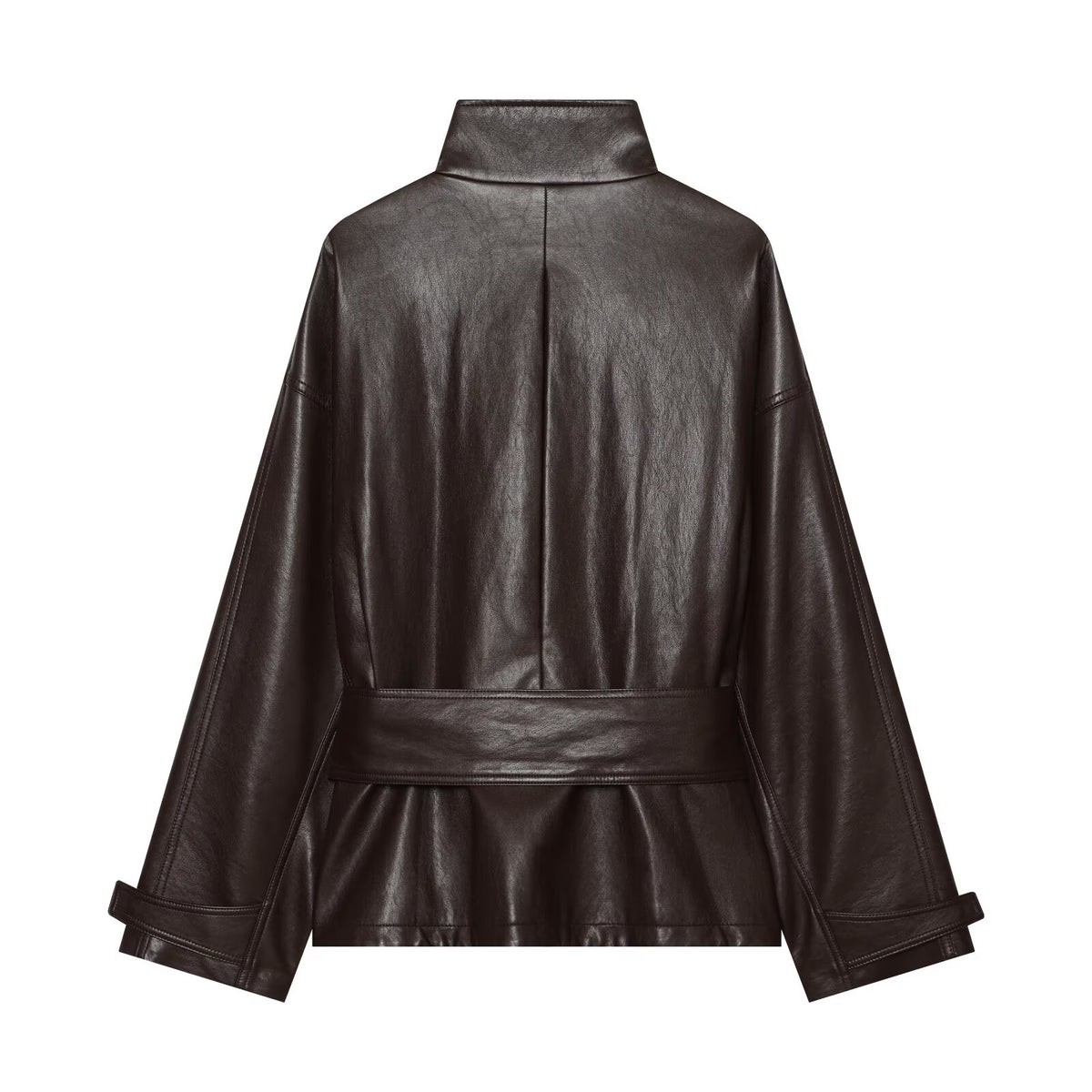 Women's with belt standing collar faux leather Coat