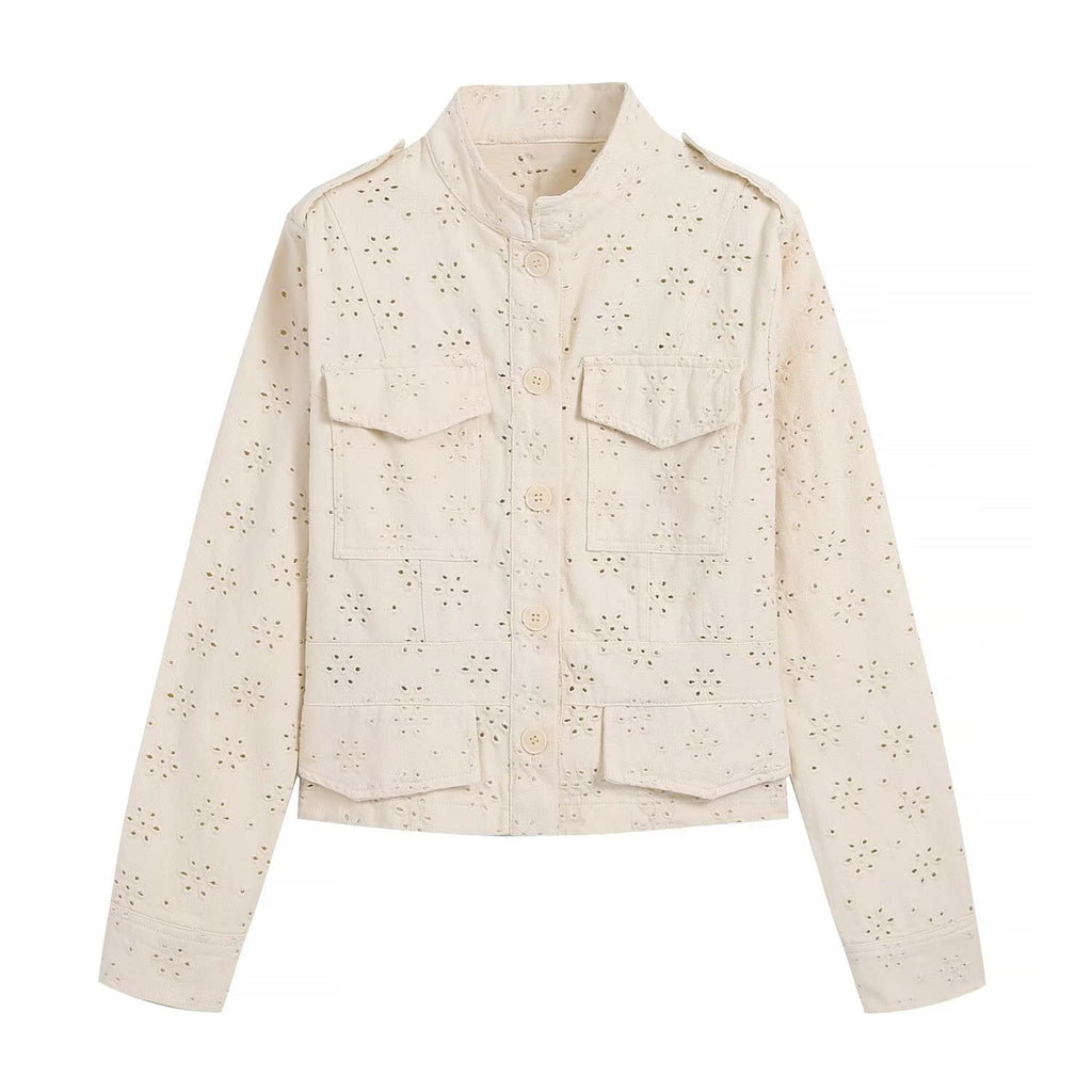 Women's flip pocket decoration hollow jacket Coat