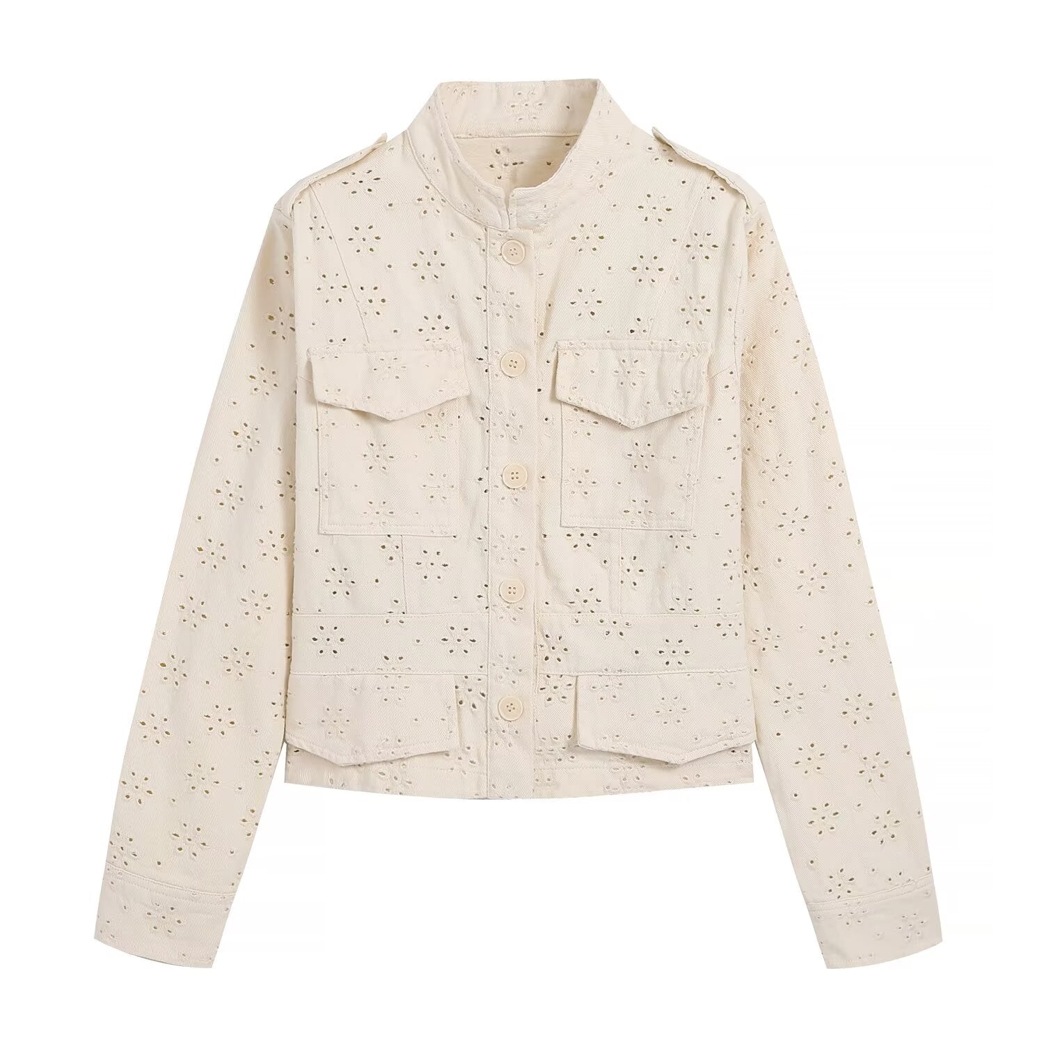Women's flip pocket decoration hollow jacket Coat