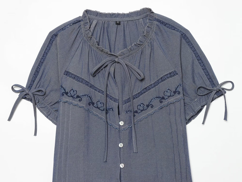 Women's bow decoration embroidered shirt