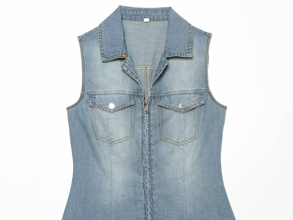 Women's sleeveless lapel denim dress