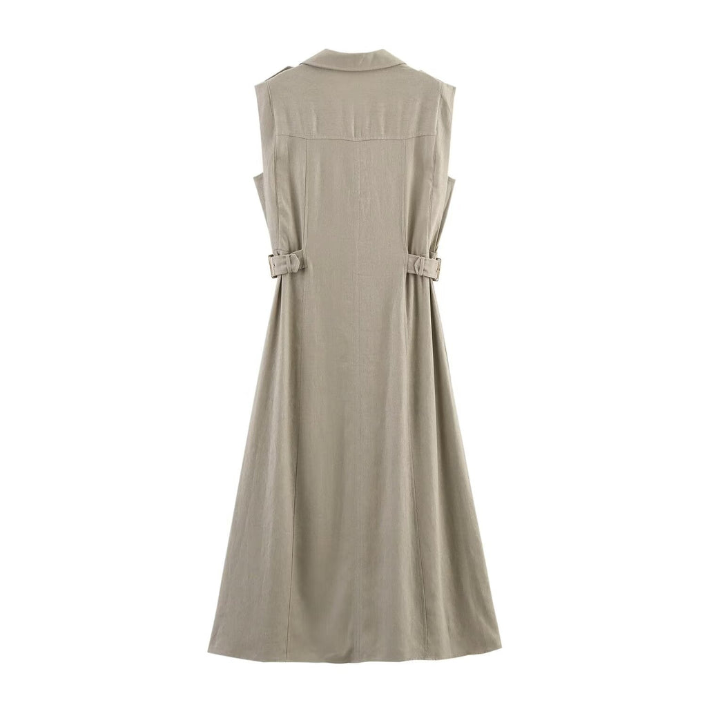 Women's new chic fashion flip decoration casual single breasted linen blended MIDI dress retro sleeveless women's dress