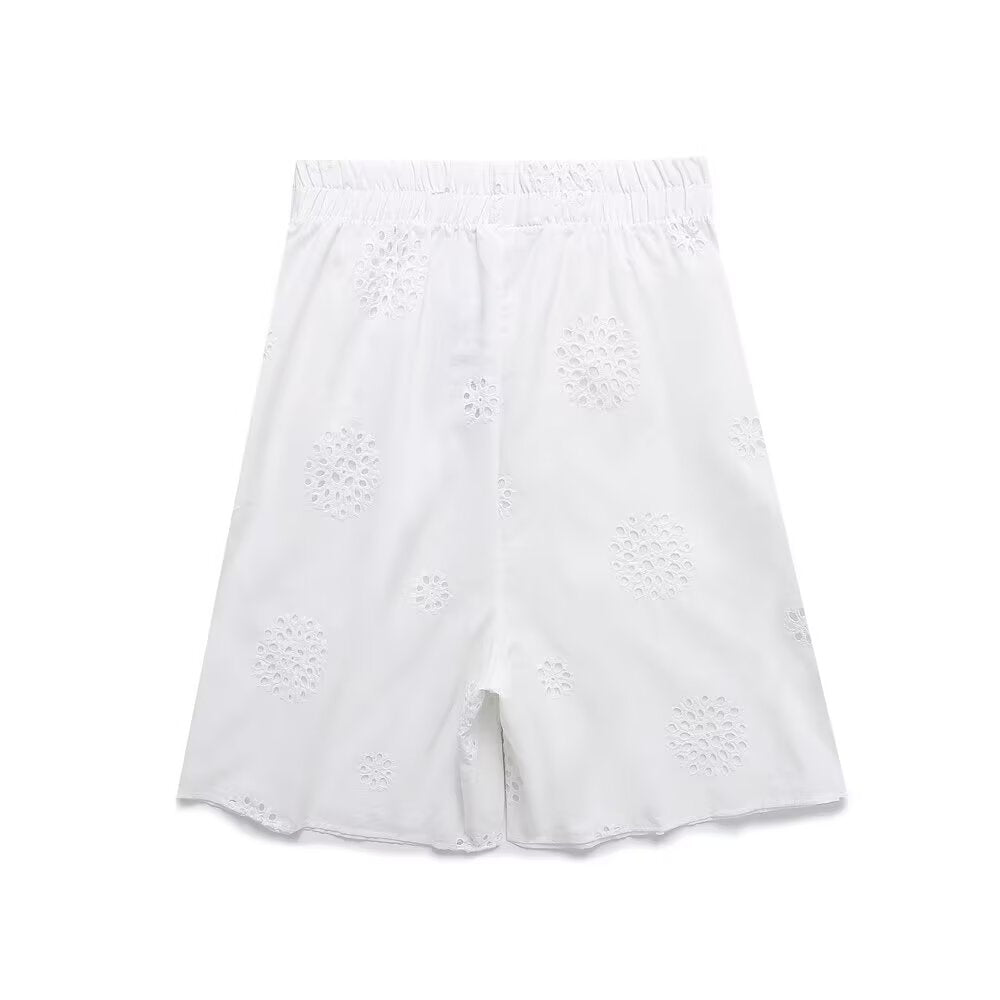 suit Women's 2 pieces loose hollow embroidered shirt+Shorts