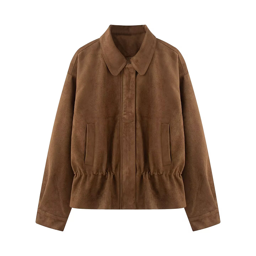 Women's suede textured waist cinched retro jacket