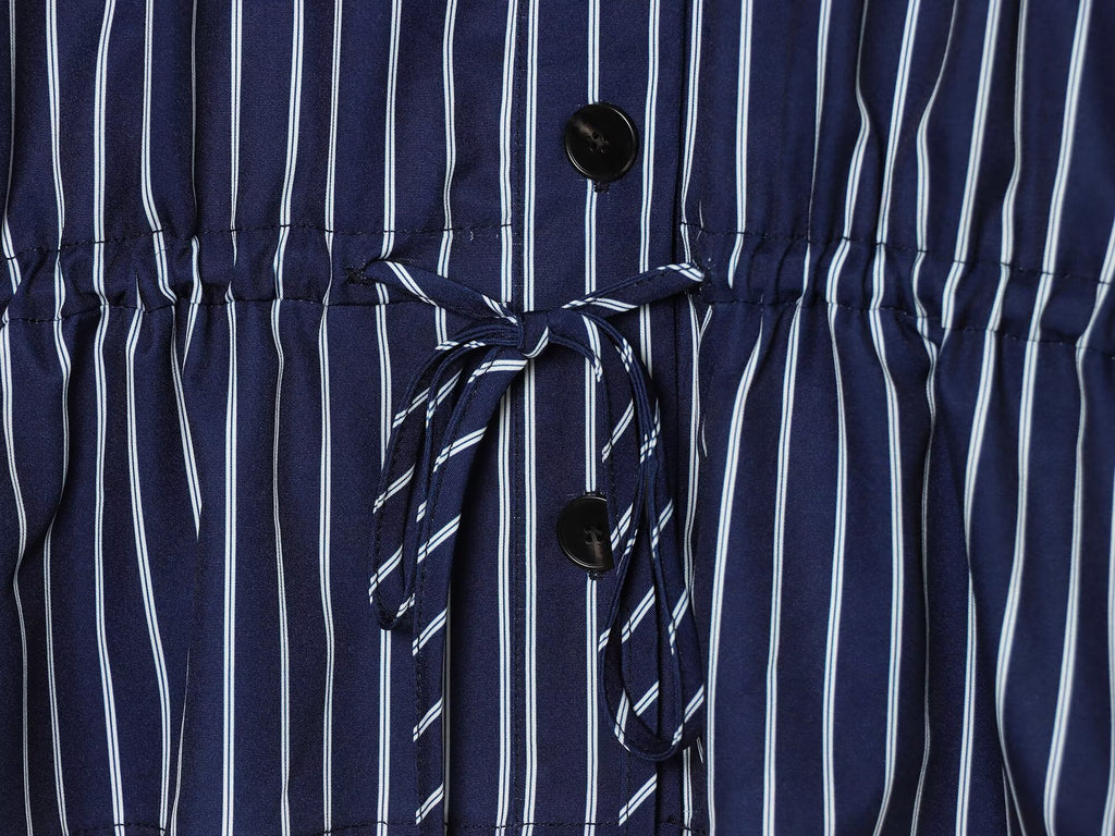 Women's with drawstring striped stand collar shirt