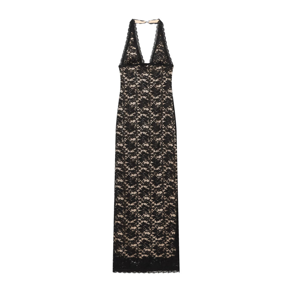 Women's slim hanging neck lace MIDI dress