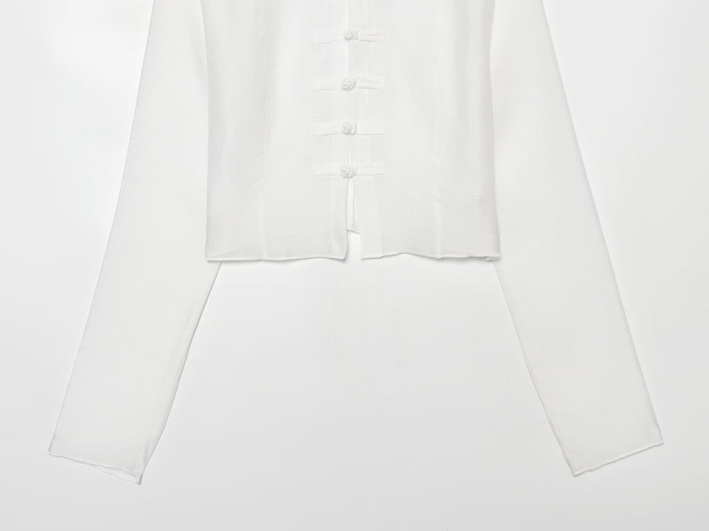 Women's standing collar buckle short top