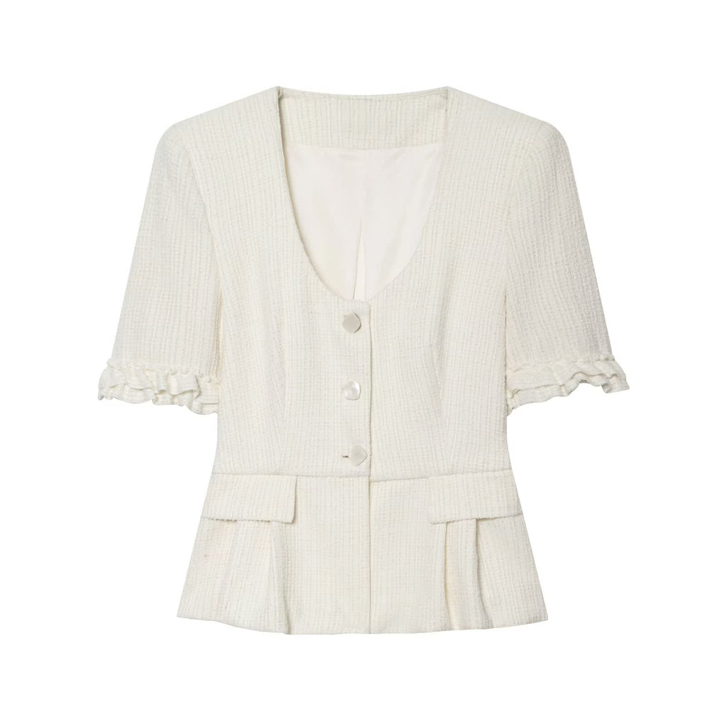 suit Women's 2 pieces short sleeved layered decorative hem Coat+flared pants