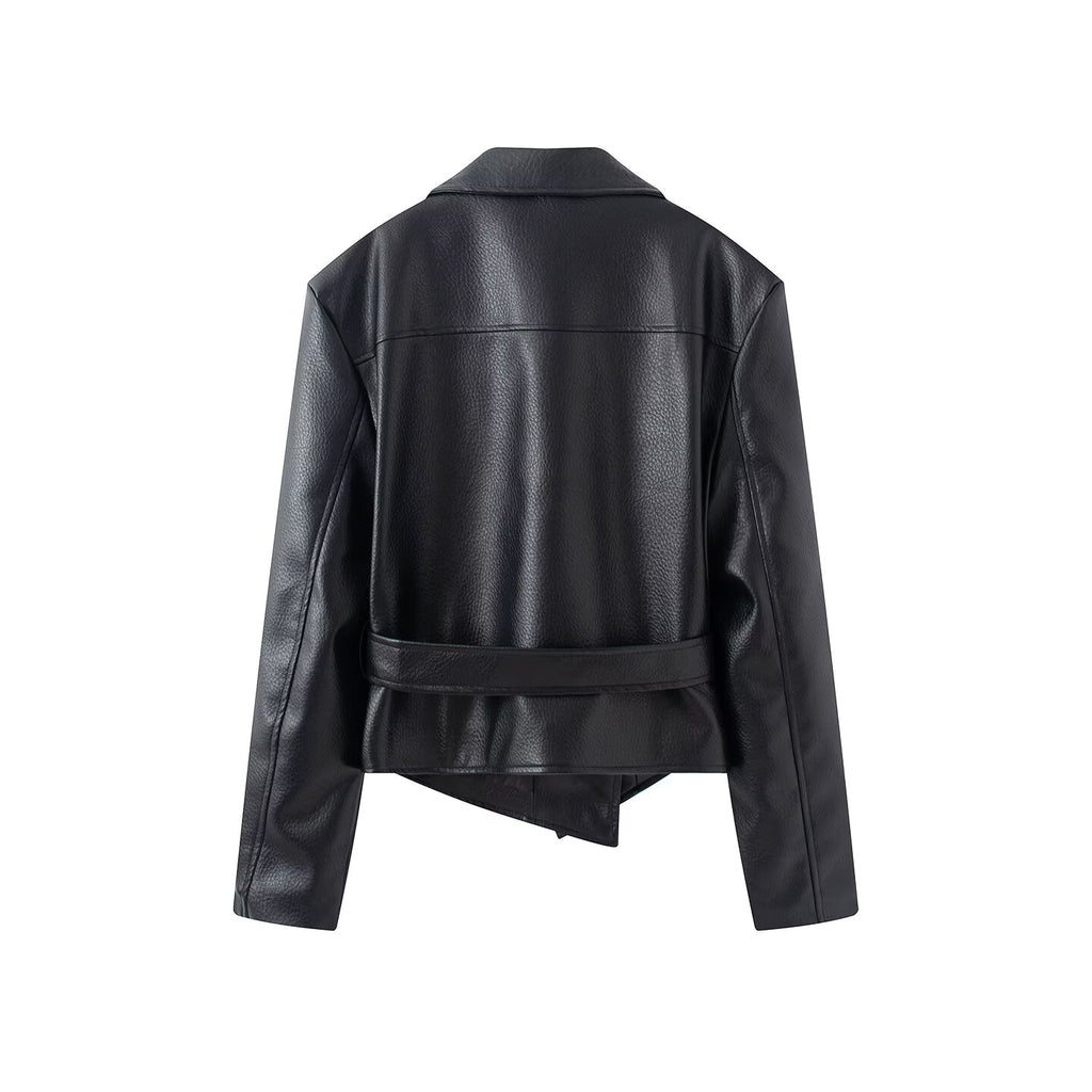 Women's With Belt Lapel faux leather Coat