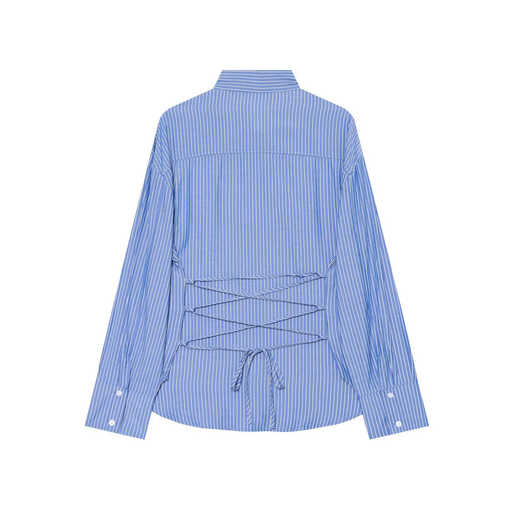Women's waist cinched long sleeved striped shirt