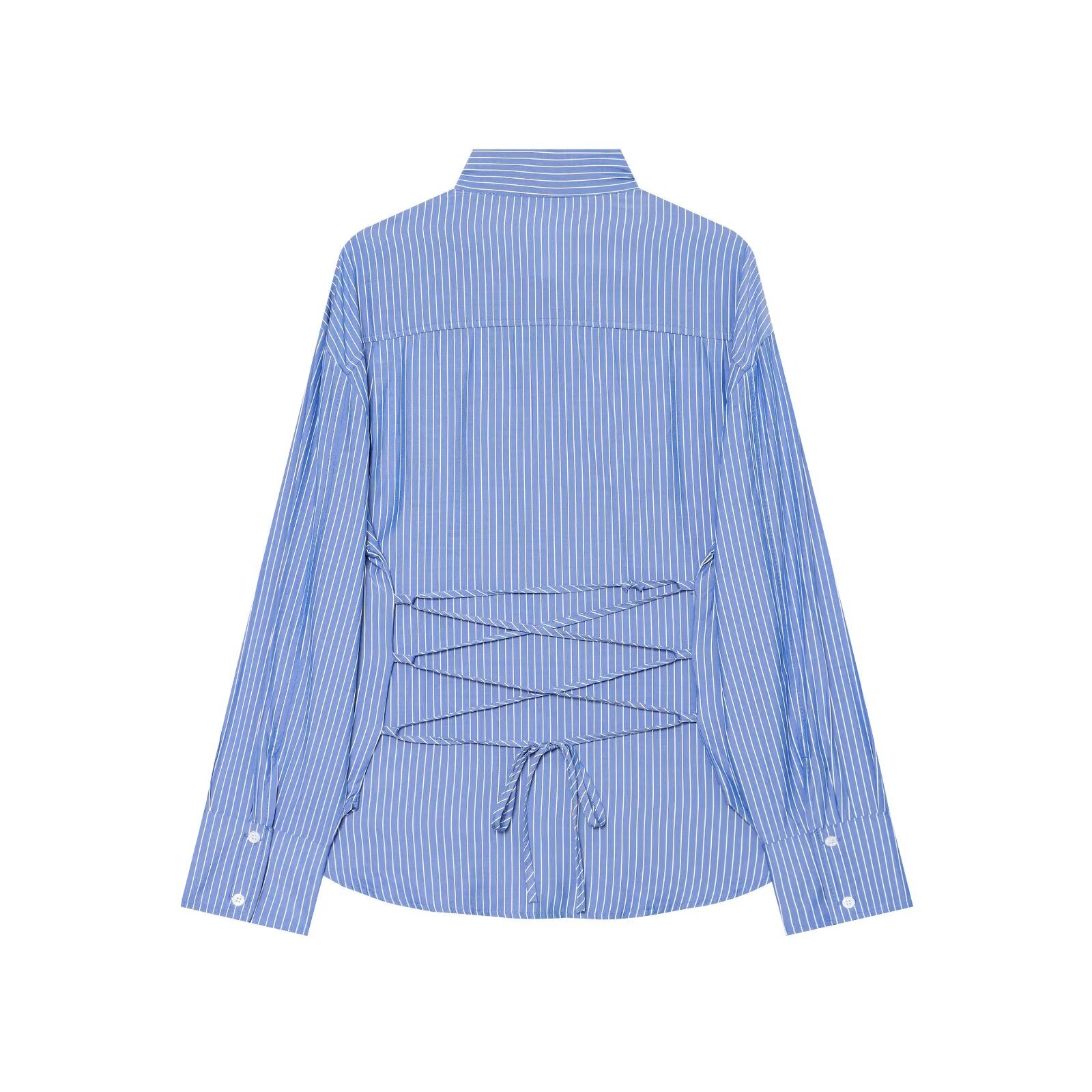 Women's waist cinched long sleeved striped shirt