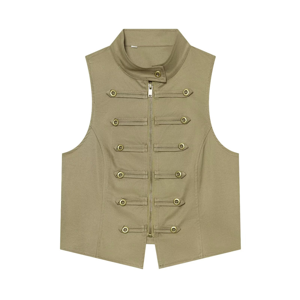 suit Women's 2 pieces buckle decoration short zipper vest+shorts