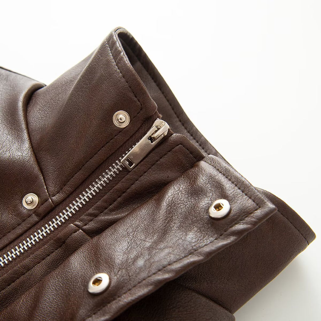 2026 Women's slim stand collar PU leather jacket