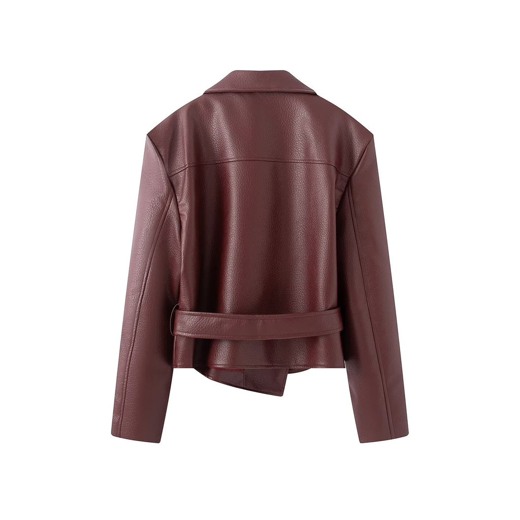 Women's With Belt Lapel faux leather Coat