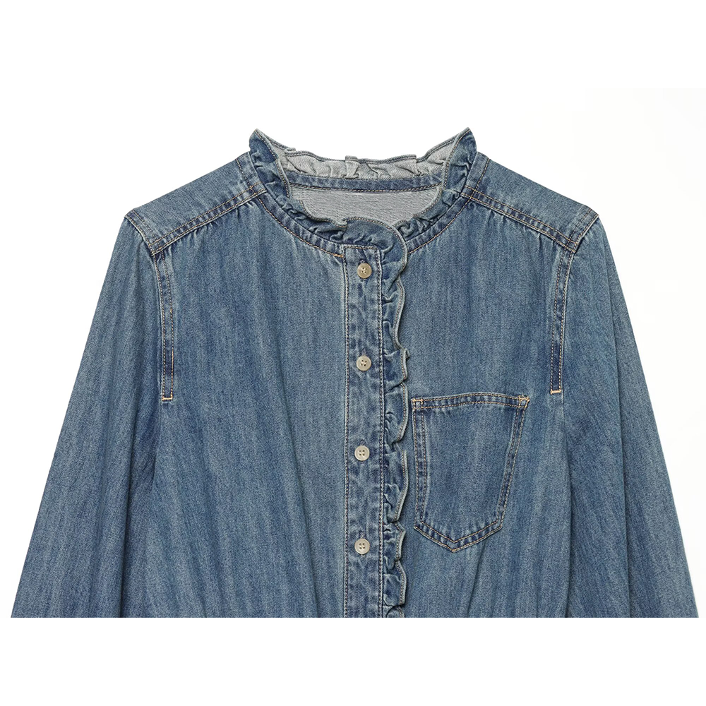 Women's ruffled waistband decorative denim shirt