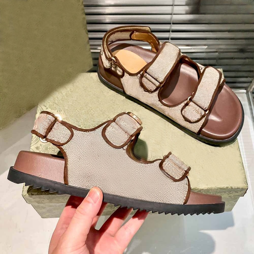 Women's new hook and loop design platform sandals have a shoe box.