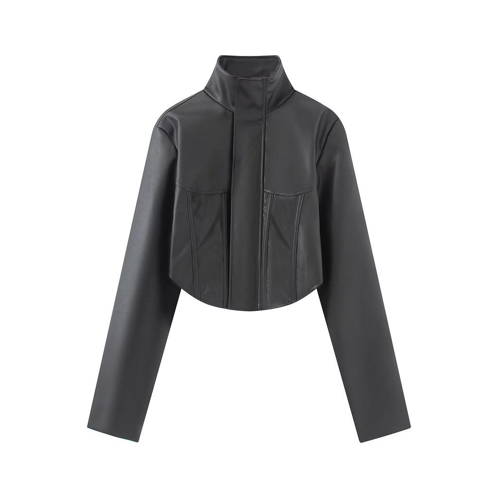 2026 Women's slim stand collar PU leather jacket