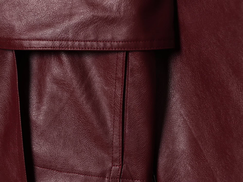 Women's with belt standing collar faux leather Coat
