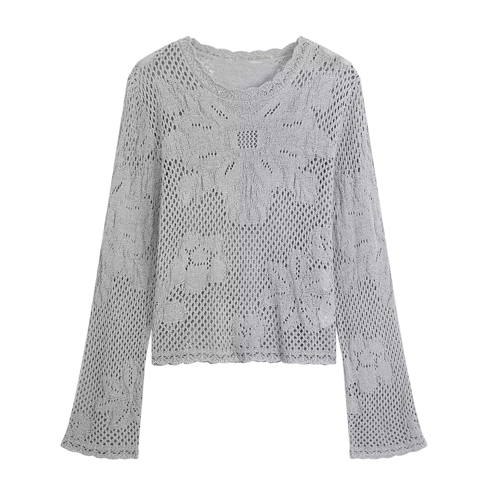 Women's round neck hollow knitted sweater