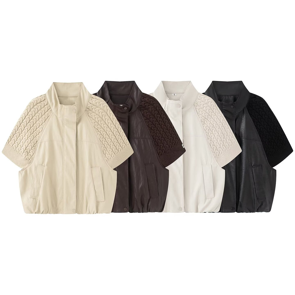 Women's casual knitted patchwork Faux Leather Coat