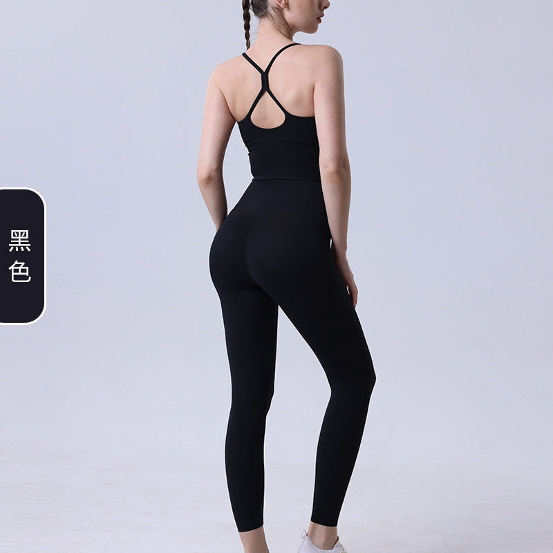 LU Women's new nude yoga suit sexy cross back sports bra peach hip high waist yoga suit