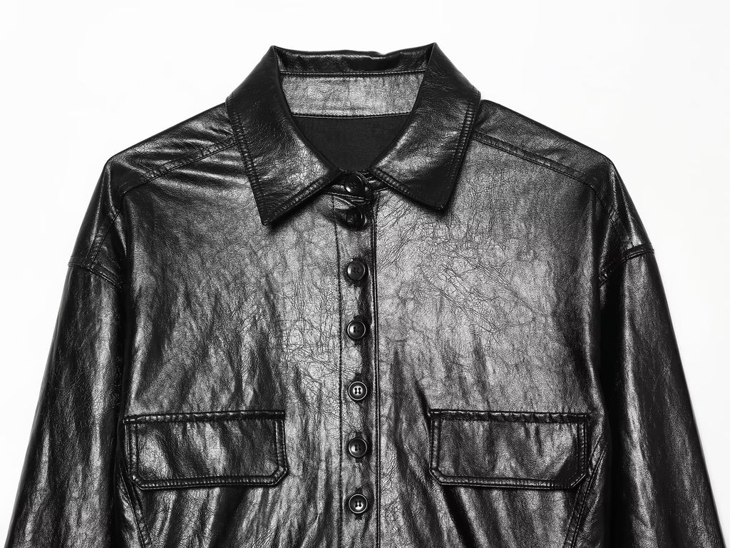 Women's short skirt style hem leather effect jacket