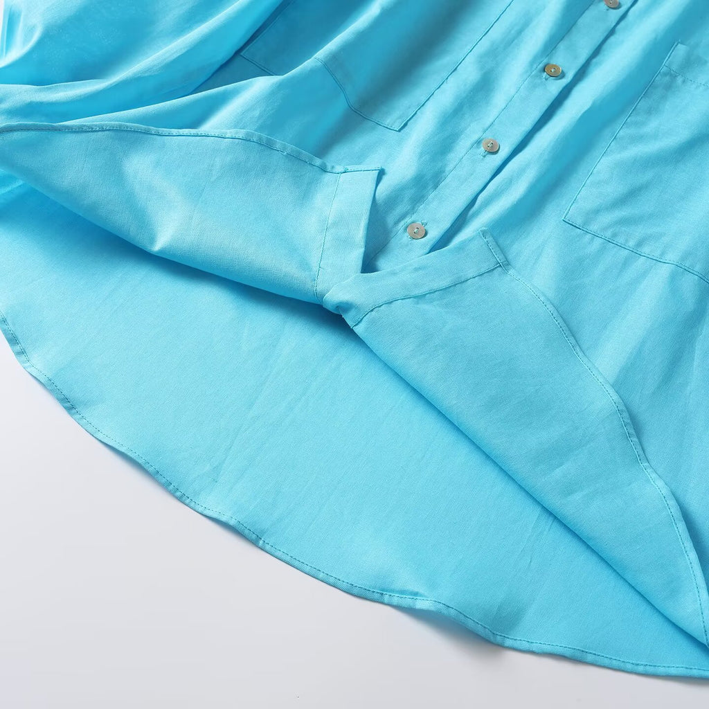 Women's pocket decoration long sleeved ramie shirt