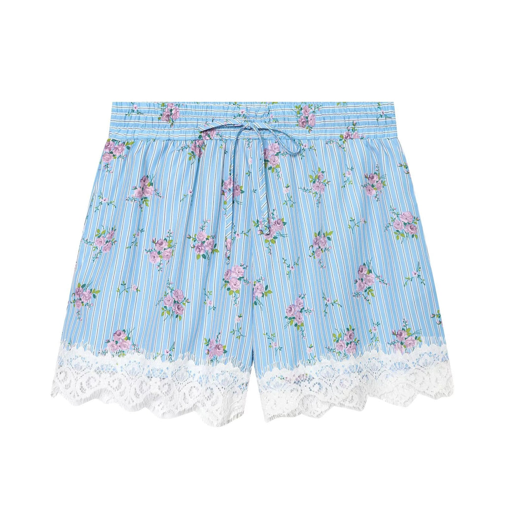 suit Women's 2 pieces striped printed shirt+striped lace shorts