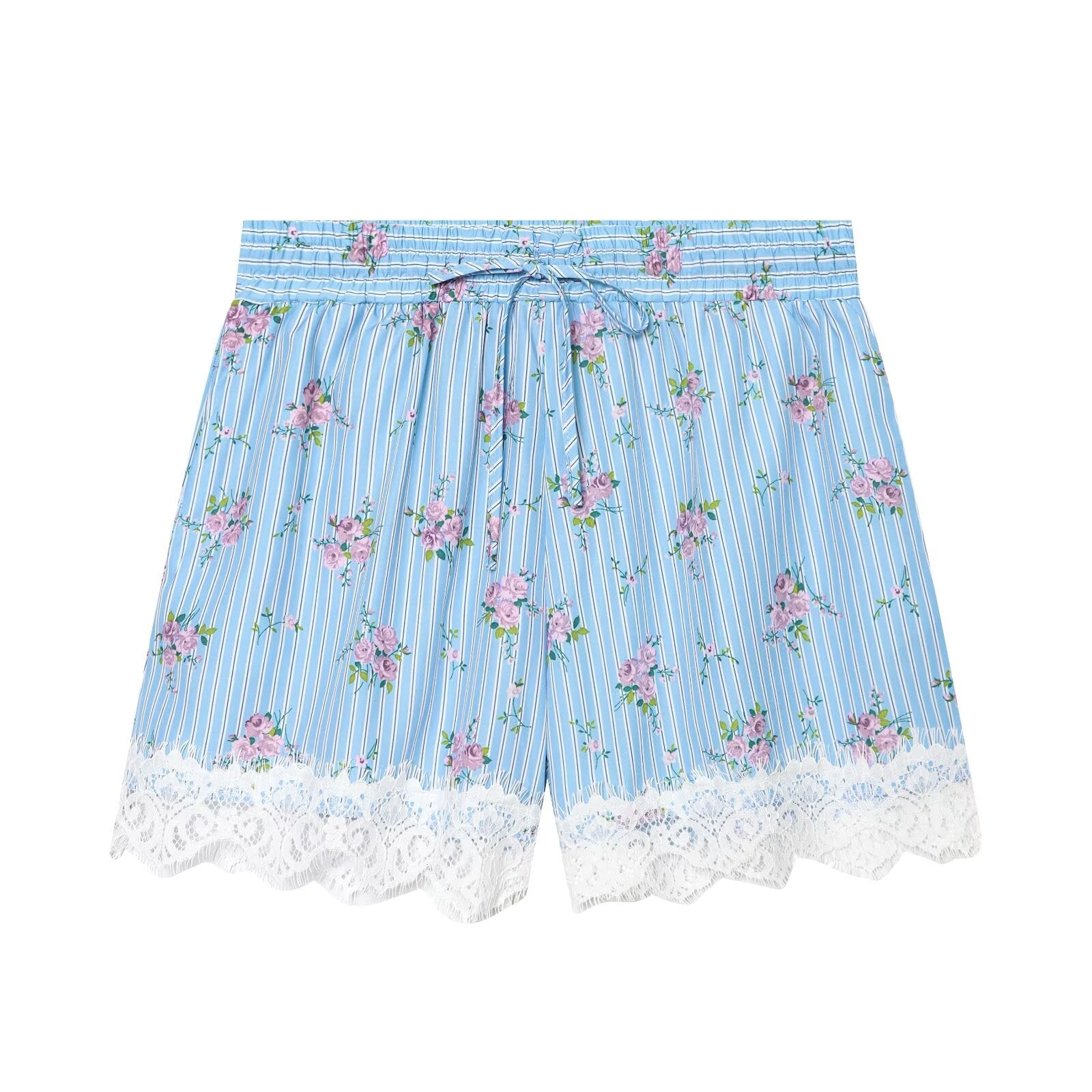suit Women's 2 pieces striped printed shirt+striped lace shorts