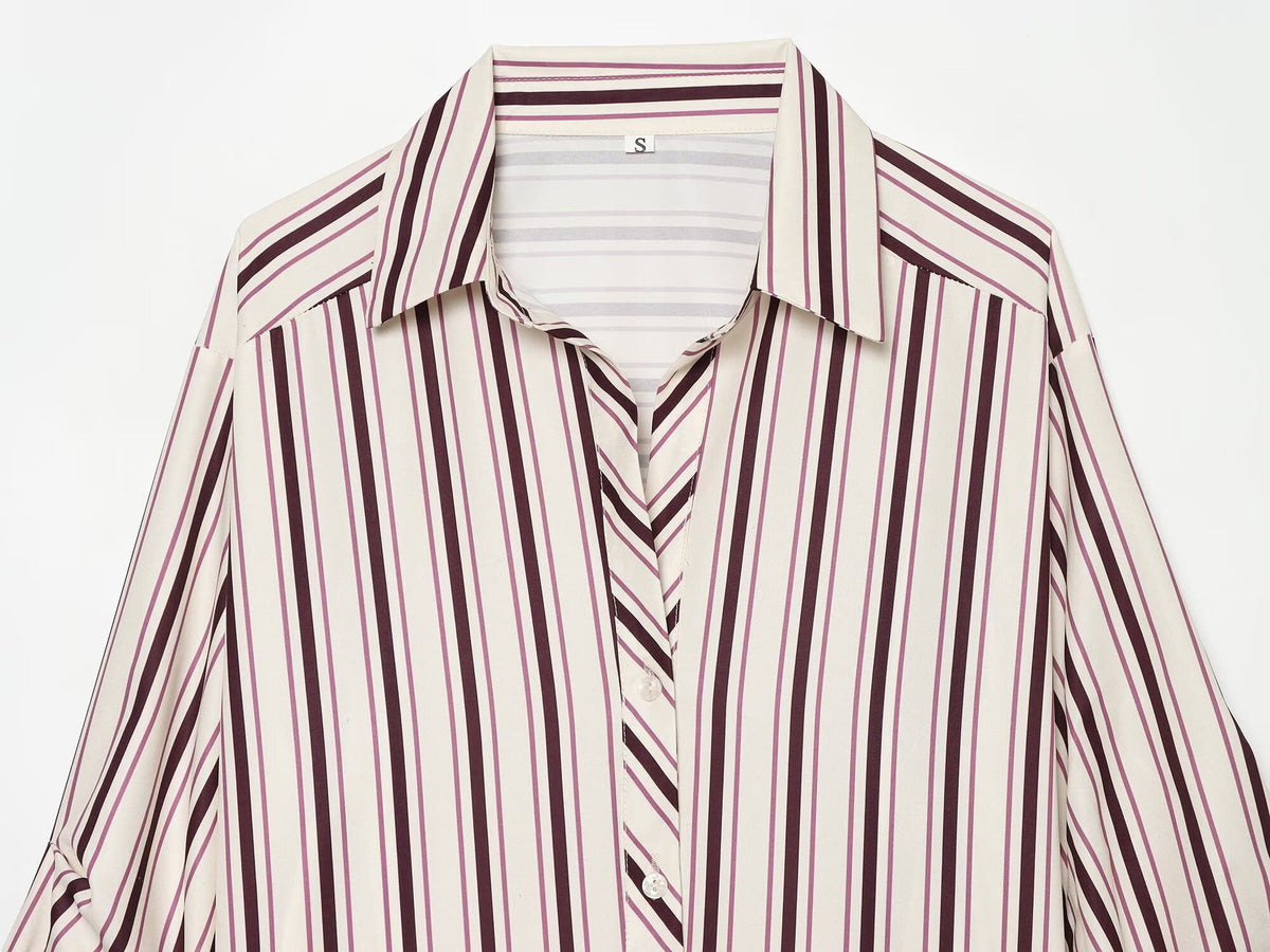 Women's adjustable long short sleeved striped shirt