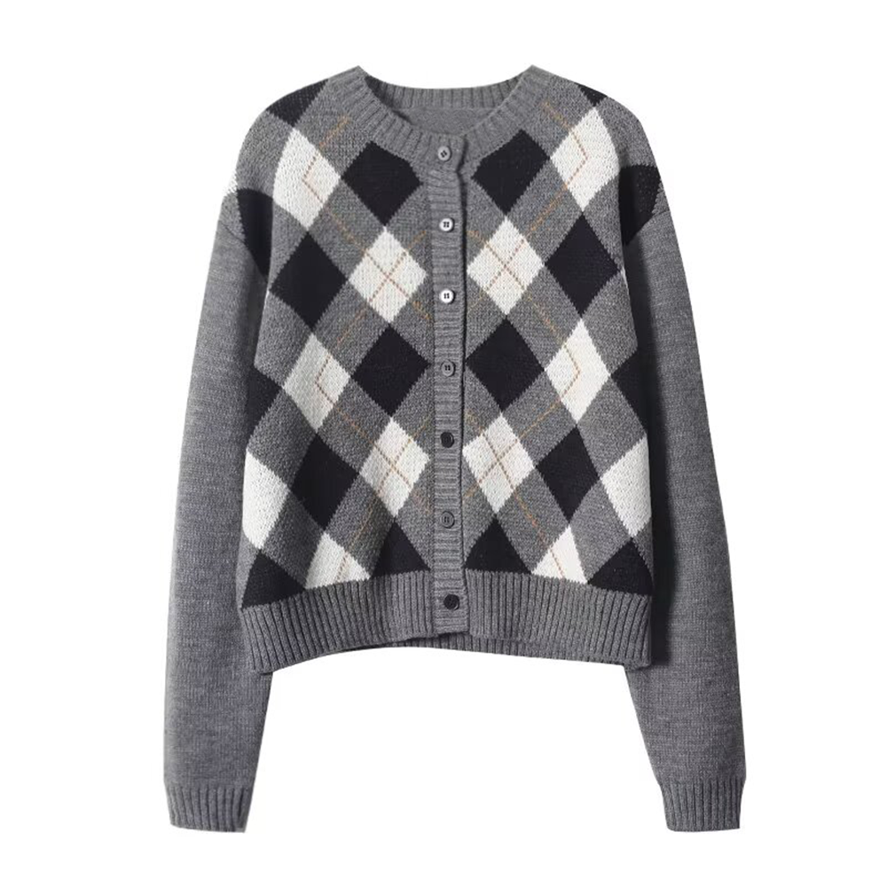 Women's short diamond grid knitted cardigan