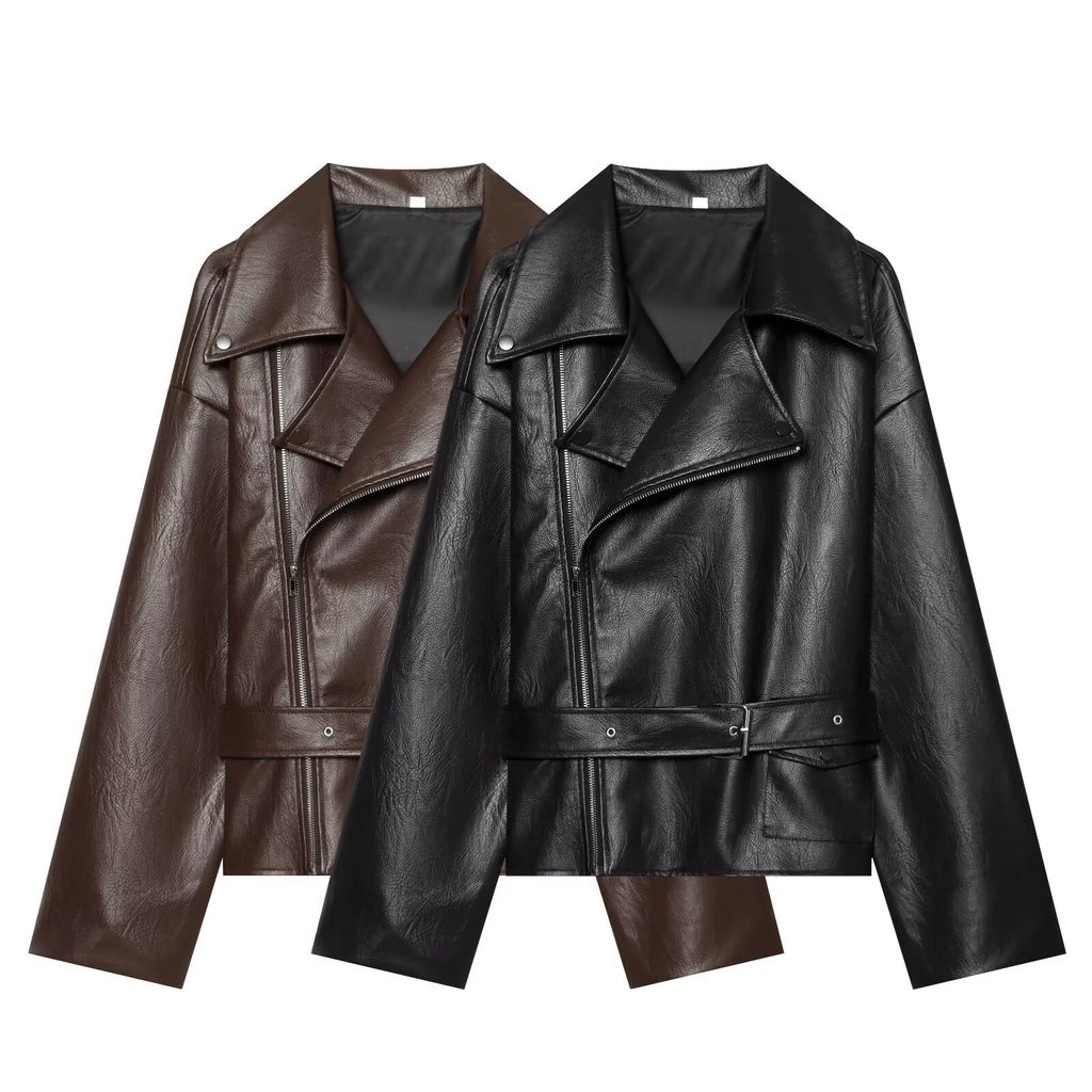 Women's With Belt short Faux Leather jacket Coat