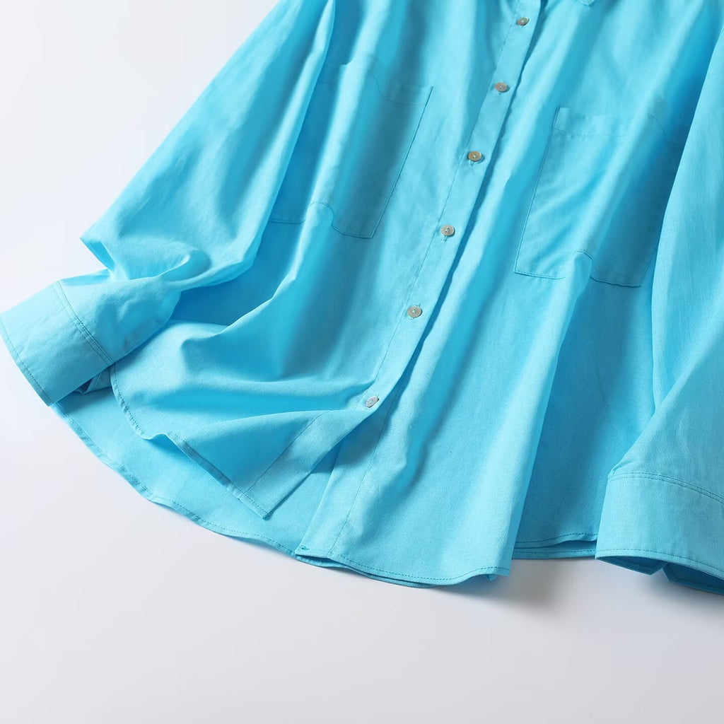 Women's pocket decoration long sleeved ramie shirt