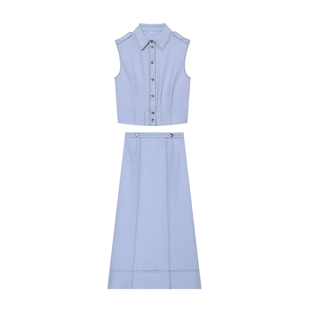 suit Women's 2 pieces Short Line Blended sleeveless Top+skirt