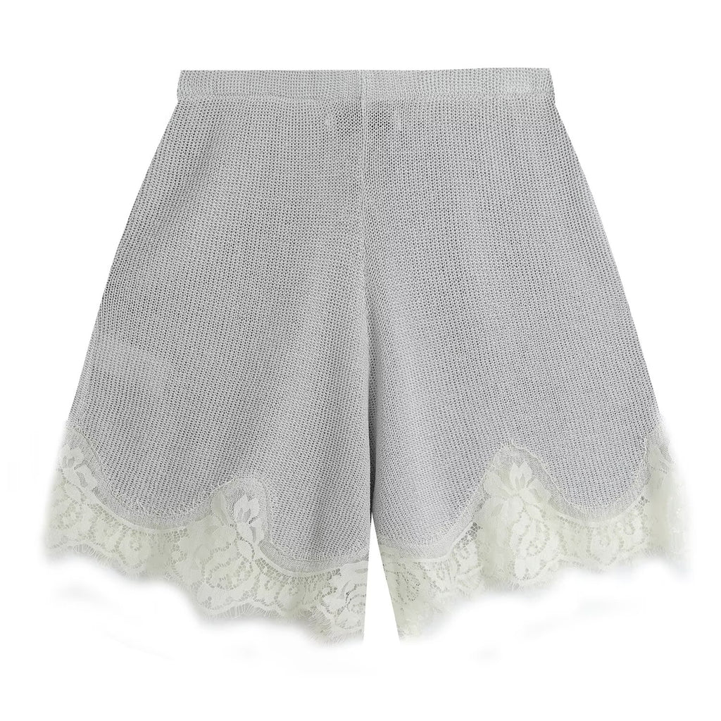 suit Women's 2 pieces lace O Neck long sleeved knitted top+Shorts