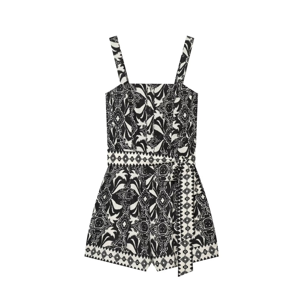 Women's with Belt vacation style printed jumpsuit shorts